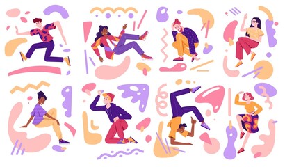 People in different poses. Daily routines, dancing, multiculture. Abstract images, geometric shapes. Concept of creation process. Cartoon flat vector illustration isolated on white background