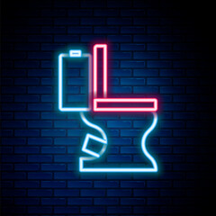 Glowing neon line Toilet bowl icon isolated on brick wall background. Colorful outline concept. Vector