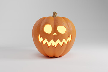 Happy Halloween banner with funny orange pumpkin cut silhouette isolated on a white background. Halloween grinning pumpkin with a glowing face. 3D render