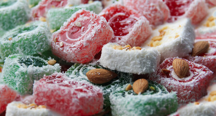 Turkish delight in red, white and green colors close-up. Travel and tourism concep