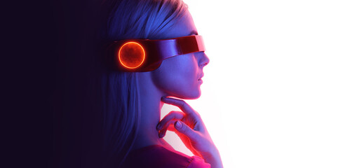 Double exposure of woman and futuristic holographic interface to display data. Female in futuristic costume using VR helmet. Augmented reality, future technology, game concept. White background.