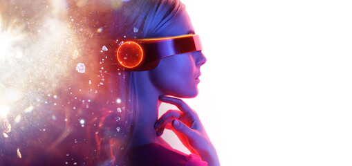 Girl in glasses of virtual reality. Augmented reality, dream, future technology, game concept. VR. Double exposure of female face. Abstract woman portrait. Digital art. Free space for text.