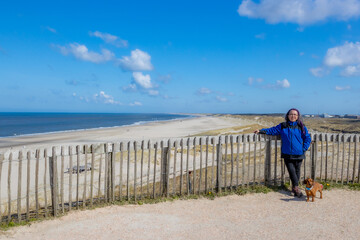 Female tourist with her brown short haired dachshund on the lookout with the beach and the sea in the background, jacket, sunny day with a blue sky in Petten aan Zee, Noord-Holland, Netherlands