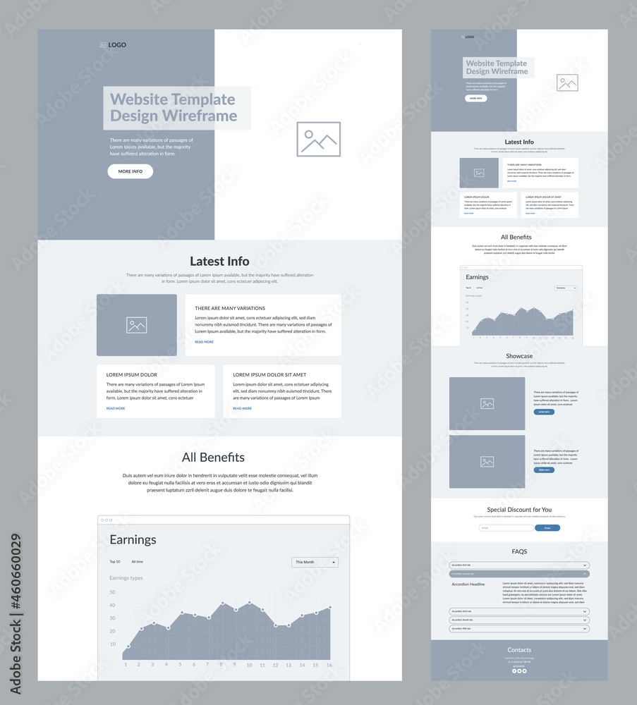 Poster modern and adaptive website design template for development. landing page wireframe.
