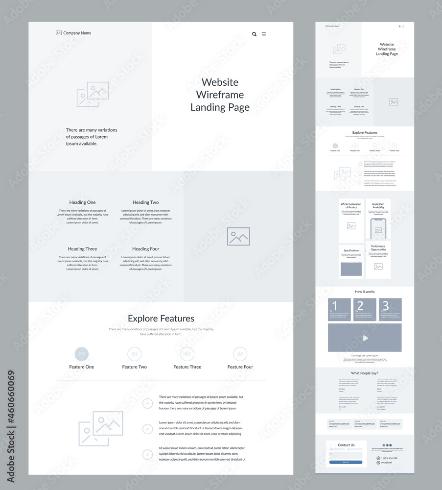 Poster modern and adaptive website design template for development. landing page wireframe.
