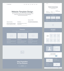 Modern and adaptive website design template for development. Landing page wireframe.