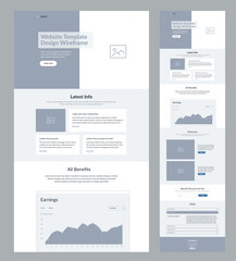 Modern and adaptive website design template for development. Landing page wireframe.