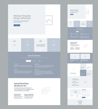 Modern and adaptive website design template for development. Landing page wireframe.