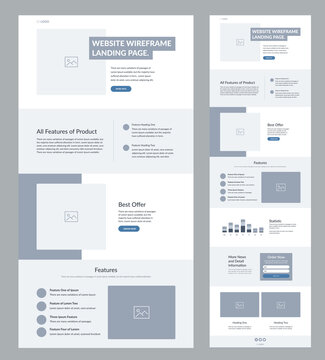 Modern and adaptive website design template for development. Landing page wireframe.