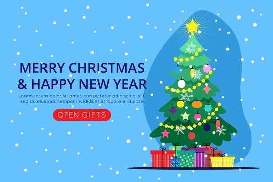 Christmas and New Year tree decorated with toys, balls and garlands with colorful gifts and snow on a blue background. Cute vector flat image. Background for landing page or website