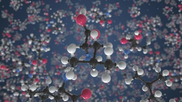 Leucine molecule made with balls, scientific molecular model. Chemical looping 3d animation