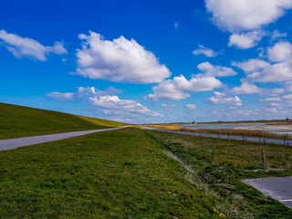 Fototapeta na wymiar Dike with green grass next to a bicycle path and a country road, small pond, horizon in the background, sunny day with a blue sky and white clouds in Petten aan Zee, Noord-Holland in the Netherlands