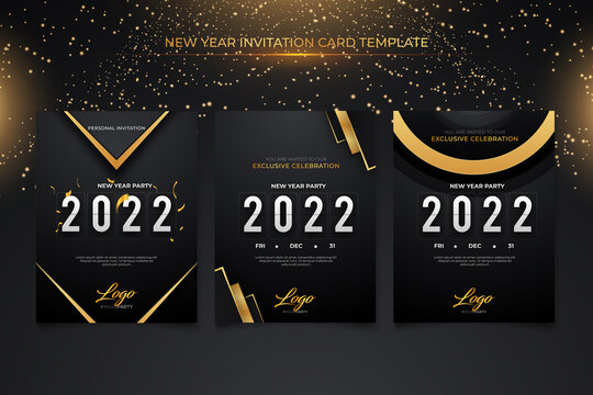 New year invitation card template with black gold background