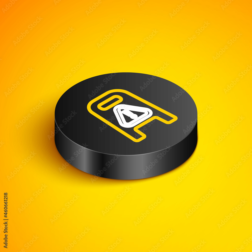 Poster isometric line wet floor and cleaning in progress icon isolated on yellow background. cleaning servi