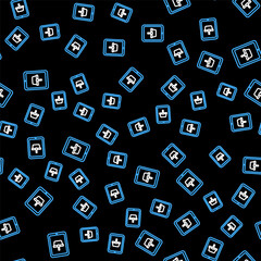 Line Shopping basket on screen tablet icon isolated seamless pattern on black background. Concept e-commerce, e-business, online business marketing. Vector