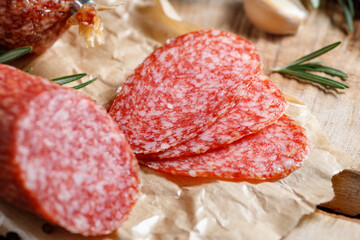 Salami sausage - a type of hard cured sausage made from fermented and dried meat