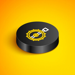 Isometric line Trap hunting icon isolated on yellow background. Black circle button. Vector