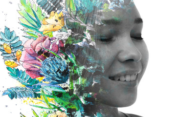 Paintigraphy. Colorful tropical plants combined with a black and white portrait