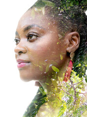 A portrait of a woman combined with an image of nature. Double exposure.