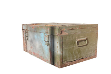 old weathered wooden chest with iron latches isolated on white background