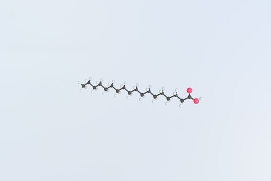 Stearic acid molecule made with balls, isolated molecular model. 3D rendering