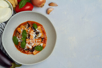 pasta alla norma with eggplant ricotta tomato sauce copy space - obrazy, fototapety, plakaty