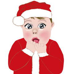 サンタクロースのコスプレをするびっくり顔の赤ちゃん