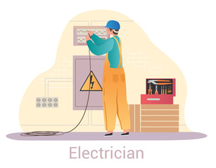 Electrician fixing shield. Worker conducts electricity in house, hazardous work. Wire repair, insulation. Man with tools in house. Cartoon flat vector illustration isolated on white background