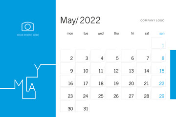 New Year 2022 Desk Calendar Planner 05 month May modern vertical line design typography template blue background
