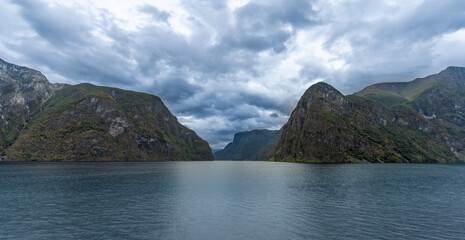 The breathtaking beauty of the Nærøyfjord (Nærøyfjorden), Aurland, Norway.  Municipality in Vestland county, Norway