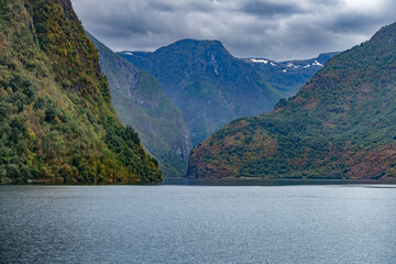 The breathtaking beauty of the Nærøyfjord (Nærøyfjorden), Aurland, Norway.  Municipality in Vestland county, Norway
