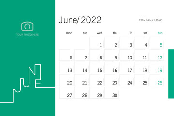 New Year 2022 Desk Calendar Planner 06 month June modern vertical line design typography template emerald background
