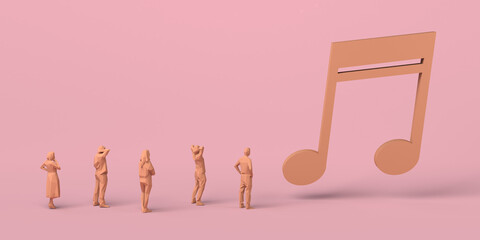 Music concept. People looking at giant musical note. Copy space. 3D illustration.