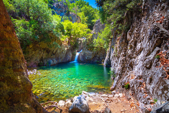 Vathres are small water natural pools with waterfalls along the mountain of Saos on Samothraki island, Greece.