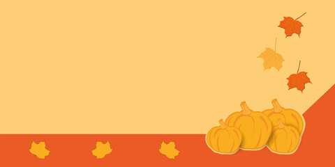 Naklejka na ściany i meble Herbstlicher Hintergrund in gelb und rot mit Ahornblättern und kürbissen. Vektor