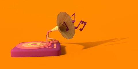 Music concept. Retro vinyl gramophone with musical notes. Copy space. 3D illustration.