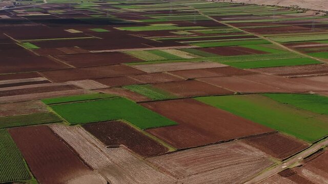 Aerial drone view of a crop fields in the andes of Huancayo, Junin, Peru.