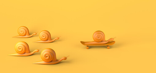 Snail on skateboard winning slow snail race. Copy space. 3D illustration. - obrazy, fototapety, plakaty