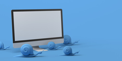Snails in front of a slow computer. Copy space. 3D illustration.