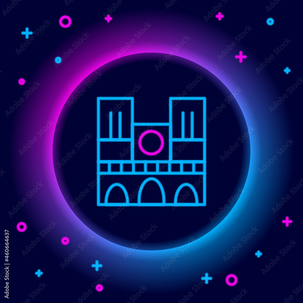 Sticker Glowing neon line Landmark of France Notre Dame de Paris icon isolated on black background. Colorful outline concept. Vector