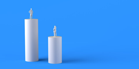 People on pedestals at different heights. Copy space. 3D illustration.