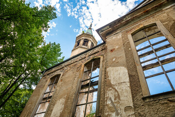 Fototapeta na wymiar Ruins of evangelic church in Milkow, Poland in Summer