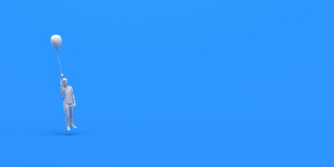 Woman floating and flying with a helium balloon. Copy space. 3D illustration.