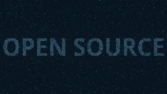 OPEN SOURCE text consisting of many symbols on computer monitor. 3d animation