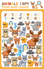 Printable worksheet for kindergarten and preschool book page i spy. Count wild animal.