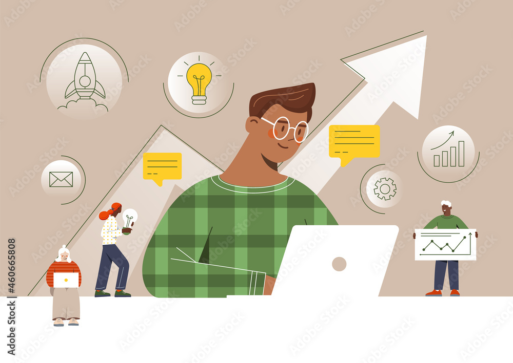 Poster man comes up with startup. business creation, project work. man sitting in front of laptop. analytic