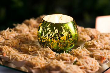 Delicious food at a 15th birthday party closeup with warm lighting