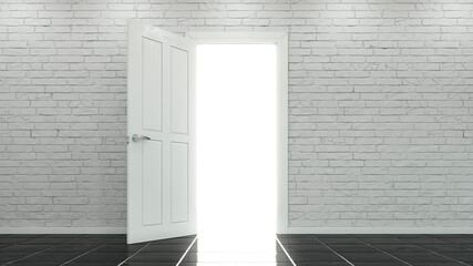 Open door in a brick wall with lighting. 3d rendering