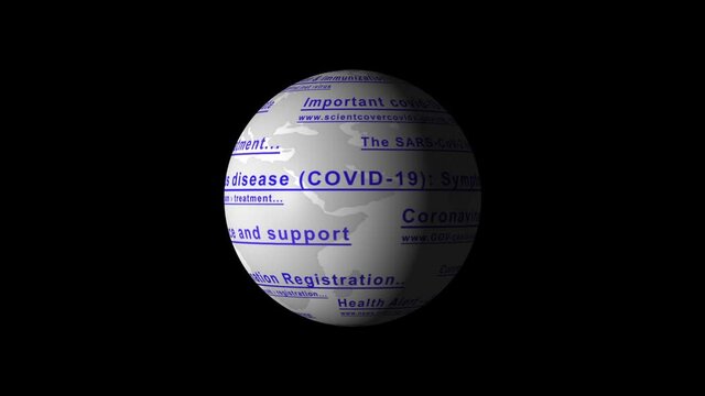 The globe with the links of imaginary no-existing websites for coronavirus covid-19 rotate on a dark background, close up.