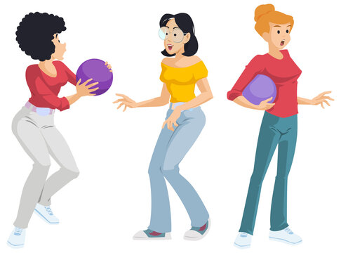 Girls play ball. Illustration for internet and mobile website.
